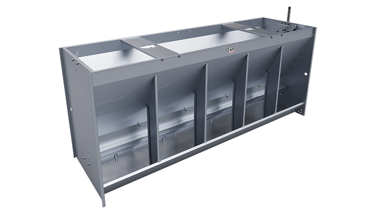 Comedouro de terminação AP PRO em aço inox para suínos, projetado para alta produtividade e redução de desperdício – modelo 5 bocas duplo.